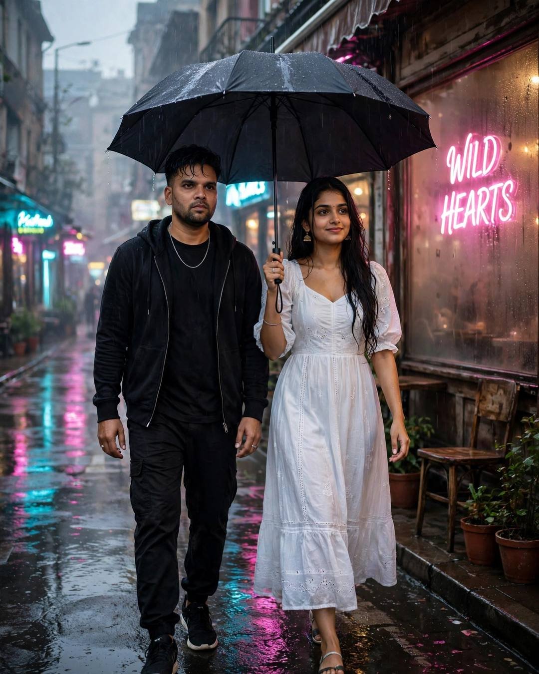 Young couple walking side by side under one umbrella, shoulders touching at old cafe by a fogged window, he in all-black streetwear with sneakers, damp rain-wet hair, she in flowing white summer dress
