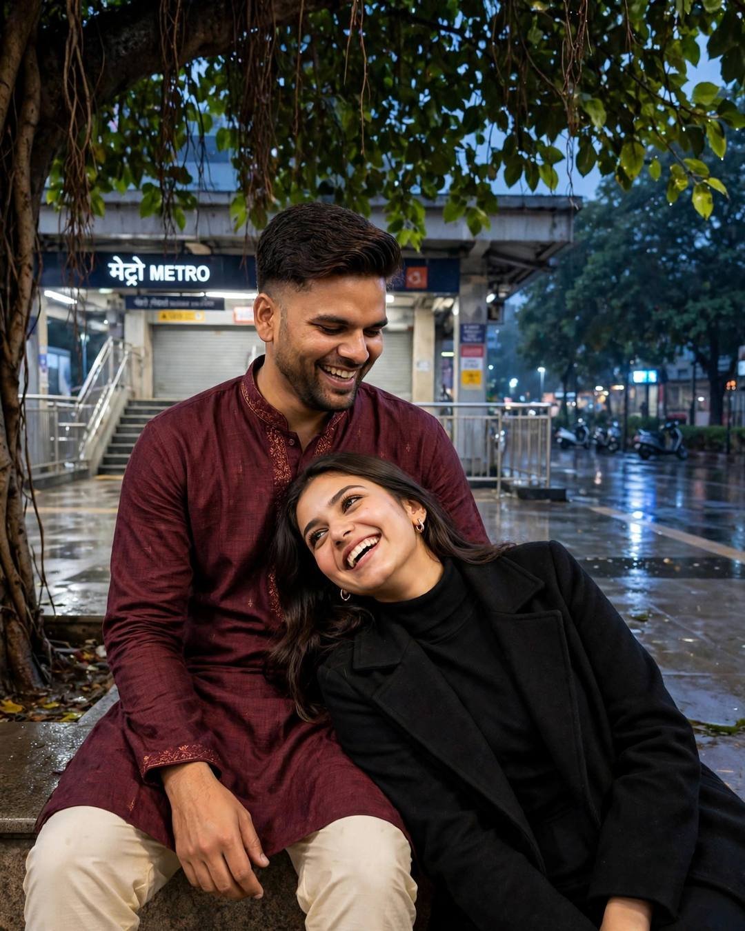 Couple laughing under a banyan tree outside a metro station at night