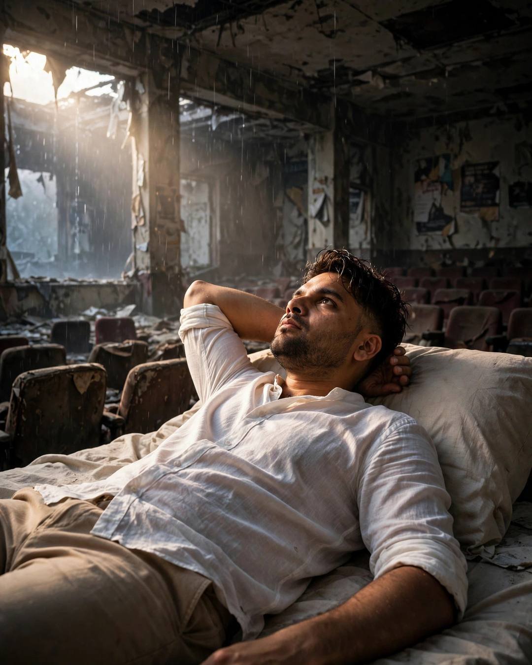 Rehearsing his proposal speech to an empty — white linen shirt with rolled sleeves, beige trousers, towel-dried tousled hair in lying on the bed staring at the ceiling, one arm behind head at abandone
