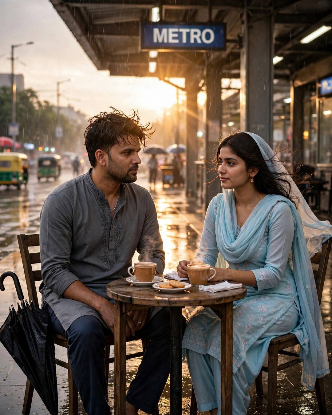 A couple sharing coffee at a small table under a metro station canopy after rain, golden light on wet streets