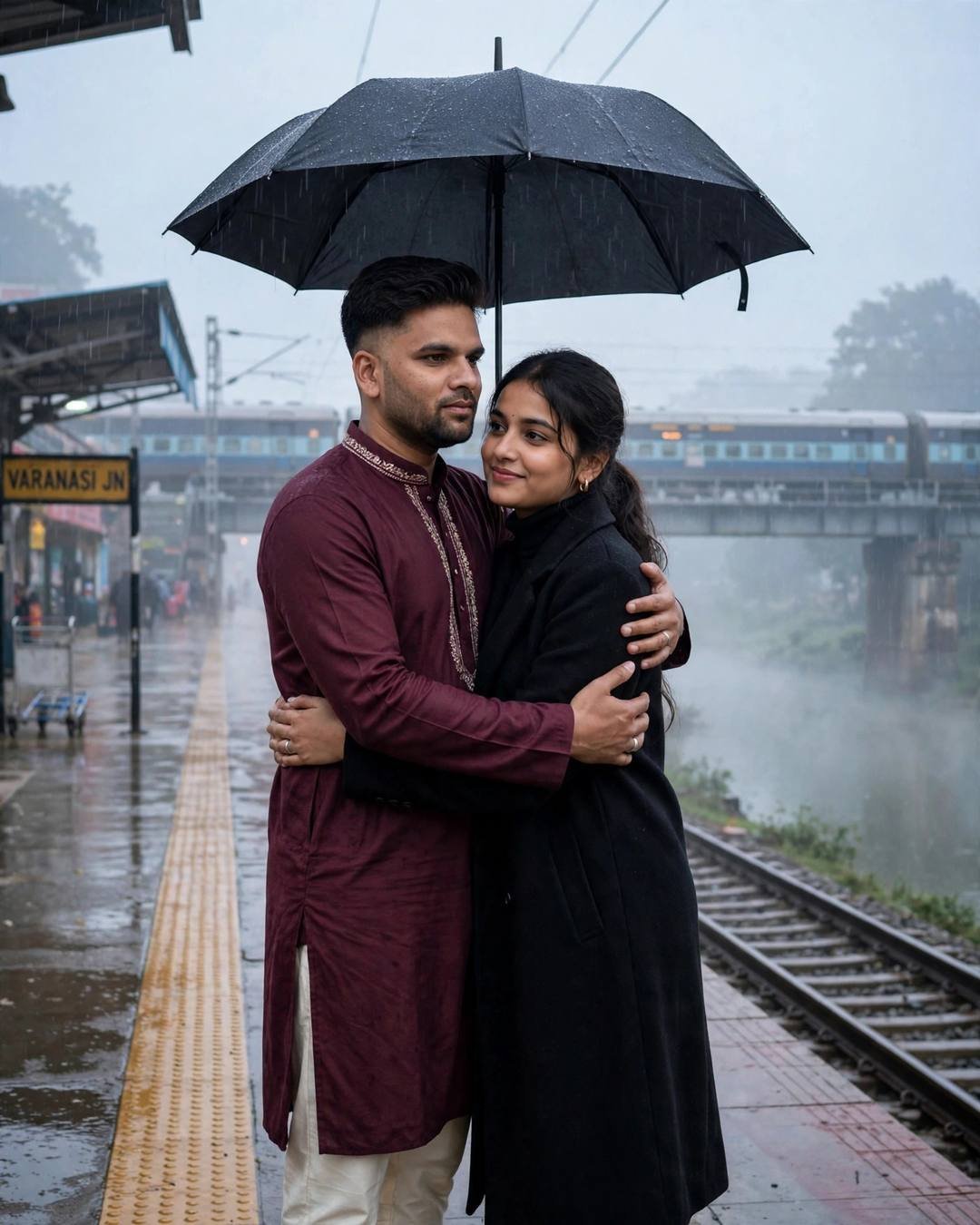 A couple sharing a farewell hug under a black umbrella on a rainy railway platform, train on a bridge behind them