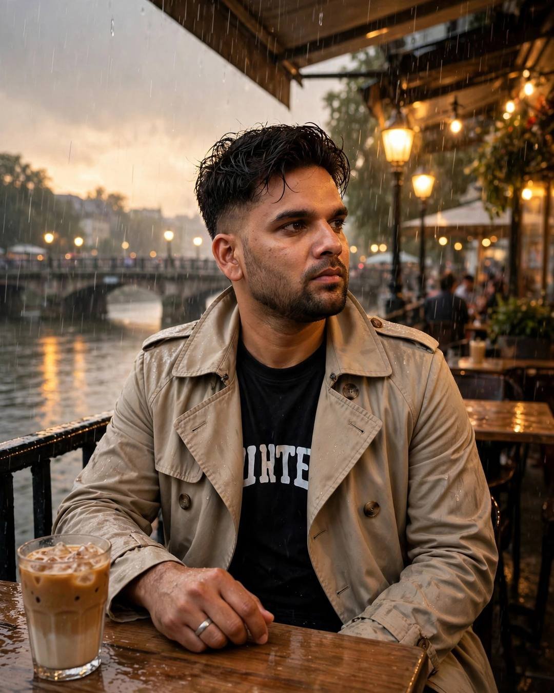 Young man in a beige trench coat sitting at a riverside cafe table with a cold coffee in monsoon rain