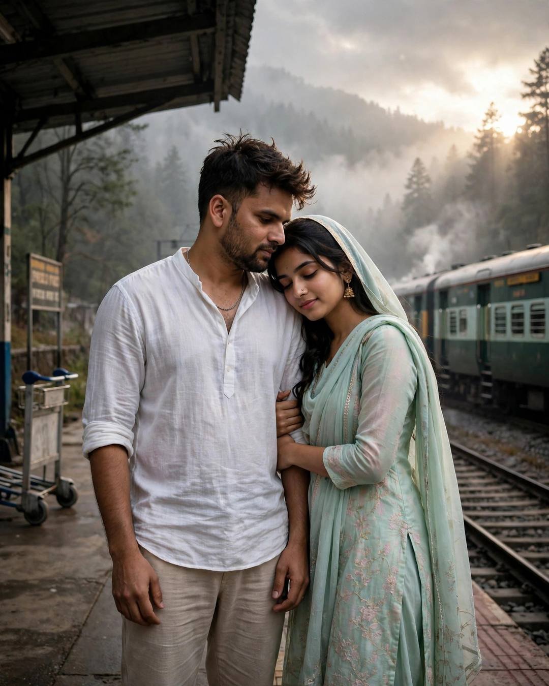 Feeding each other fresh strawberries on a — white linen shirt with rolled sleeves, beige trousers, slightly messy morning hair in one last hug at a railway platform as the train waits at misty forest