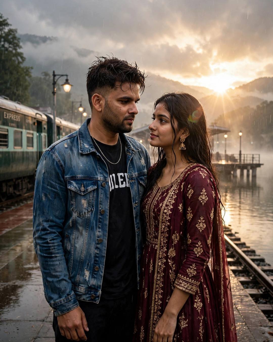 A couple standing close on a lakeside railway platform in drizzle, golden light behind them, train waiting