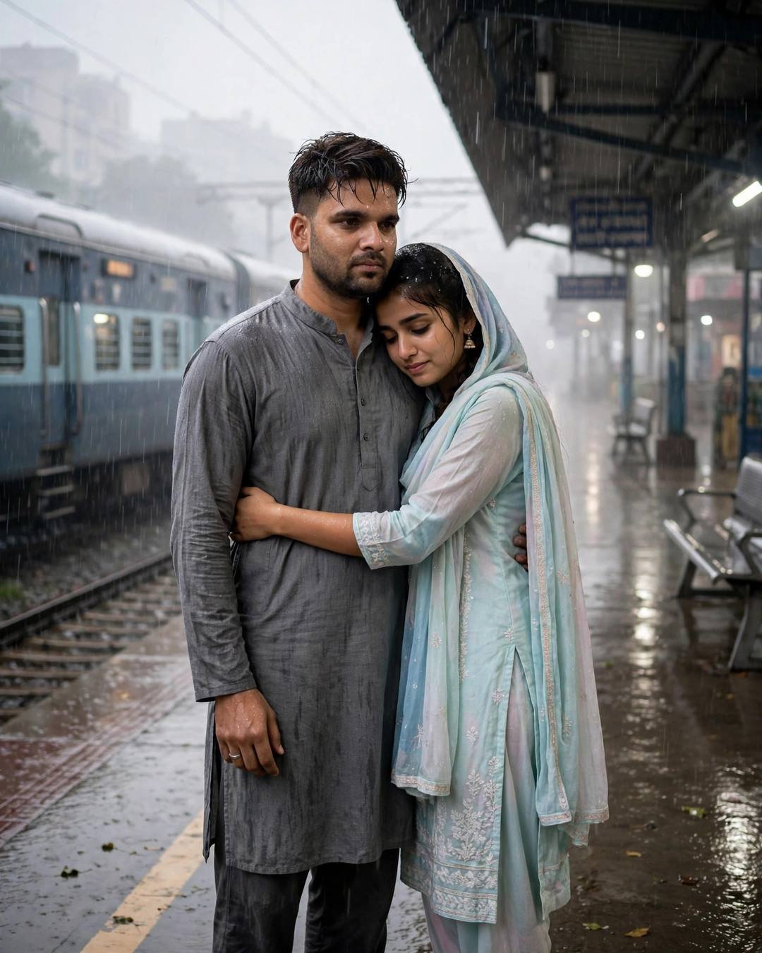 A couple sharing one last hug on a rainy railway platform, her head on his chest, train waiting behind them