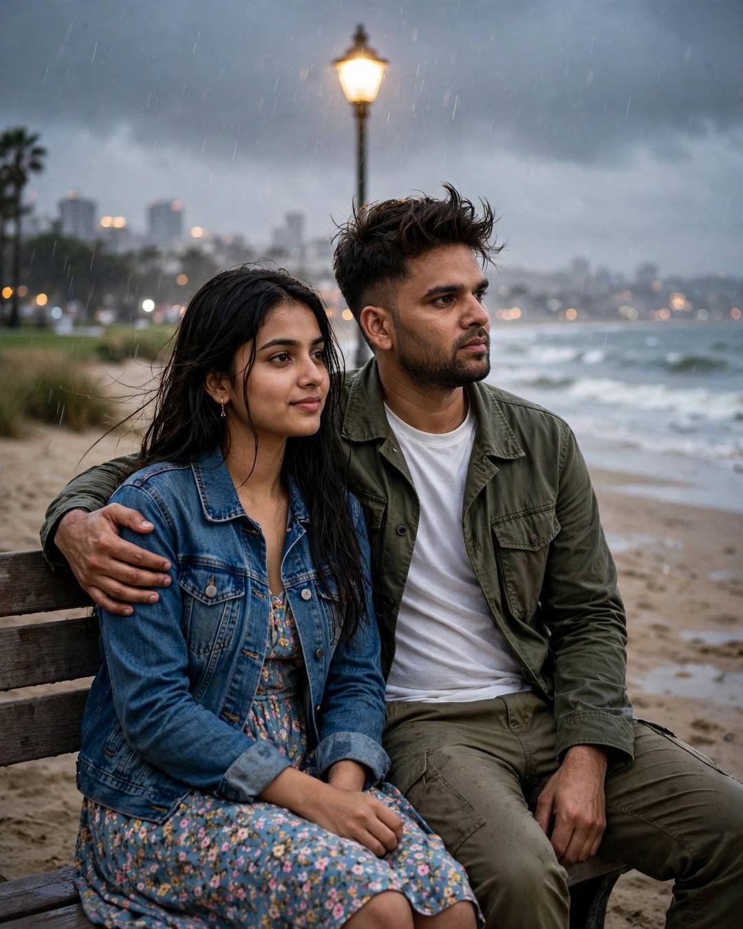 Young couple sitting on the sand watching the waves, his arm around her at park bench under a lone lamp, he in olive field jacket, white tee, cargo pants, windswept textured hair, she in denim jacket over floral dress