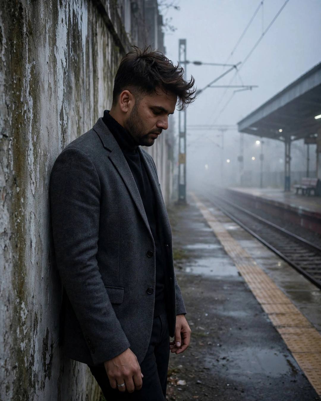 Folding her sweater slowly, placing it in — charcoal blazer, black turtleneck, windswept textured hair in leaning against a weathered wall, head tilted down at empty railway platform at night; overcas
