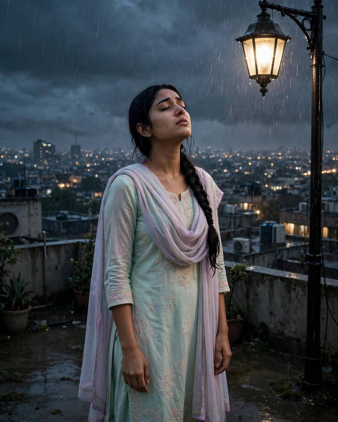 Packing his side of the wardrobe into — pastel salwar-kameez with dupatta, long braid over one shoulder in standing under a streetlamp in the rain, face lifted to the sky at rooftop overlooking sleepi