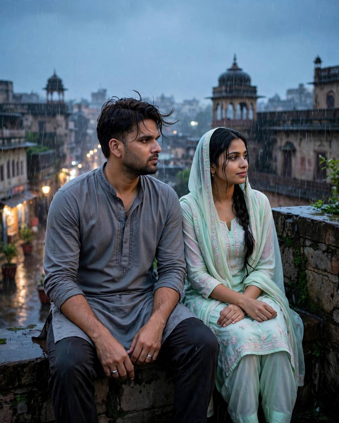 Young couple sitting on a rooftop, backs against the wall, sharing silence at rain-soaked city street, he in grey kurta with dark pajama, windswept textured hair, she in pastel salwar-kameez with dupatta