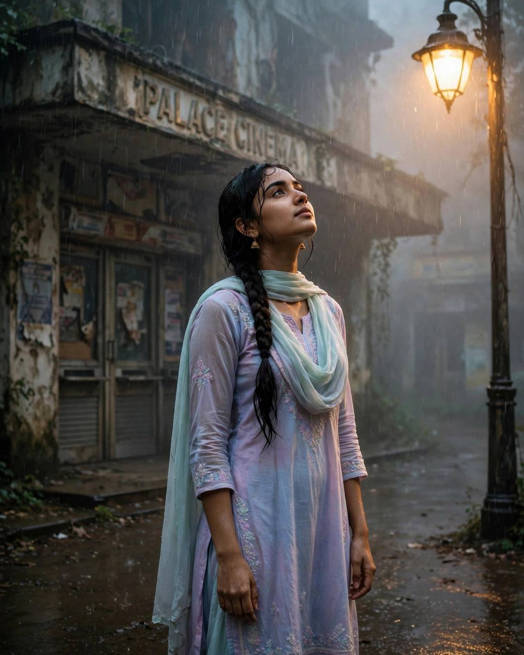 Young woman in pastel salwar-kameez under a streetlamp in rain outside an abandoned cinema