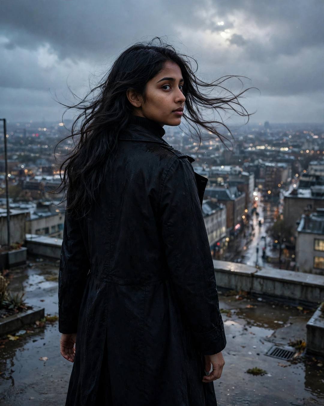 Young woman in black coat on a wet rooftop above sleeping city lights at night