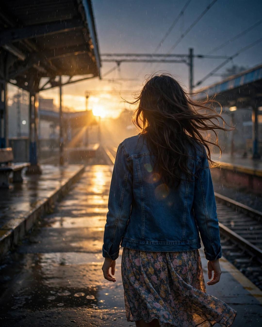 Young woman in denim jacket walking away down a rainy railway platform at golden hour