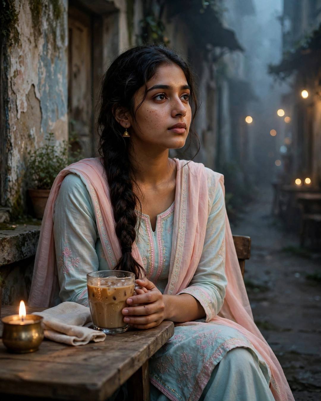 Young woman in pastel salwar-kameez with a cold coffee and candle in a foggy old-city lane