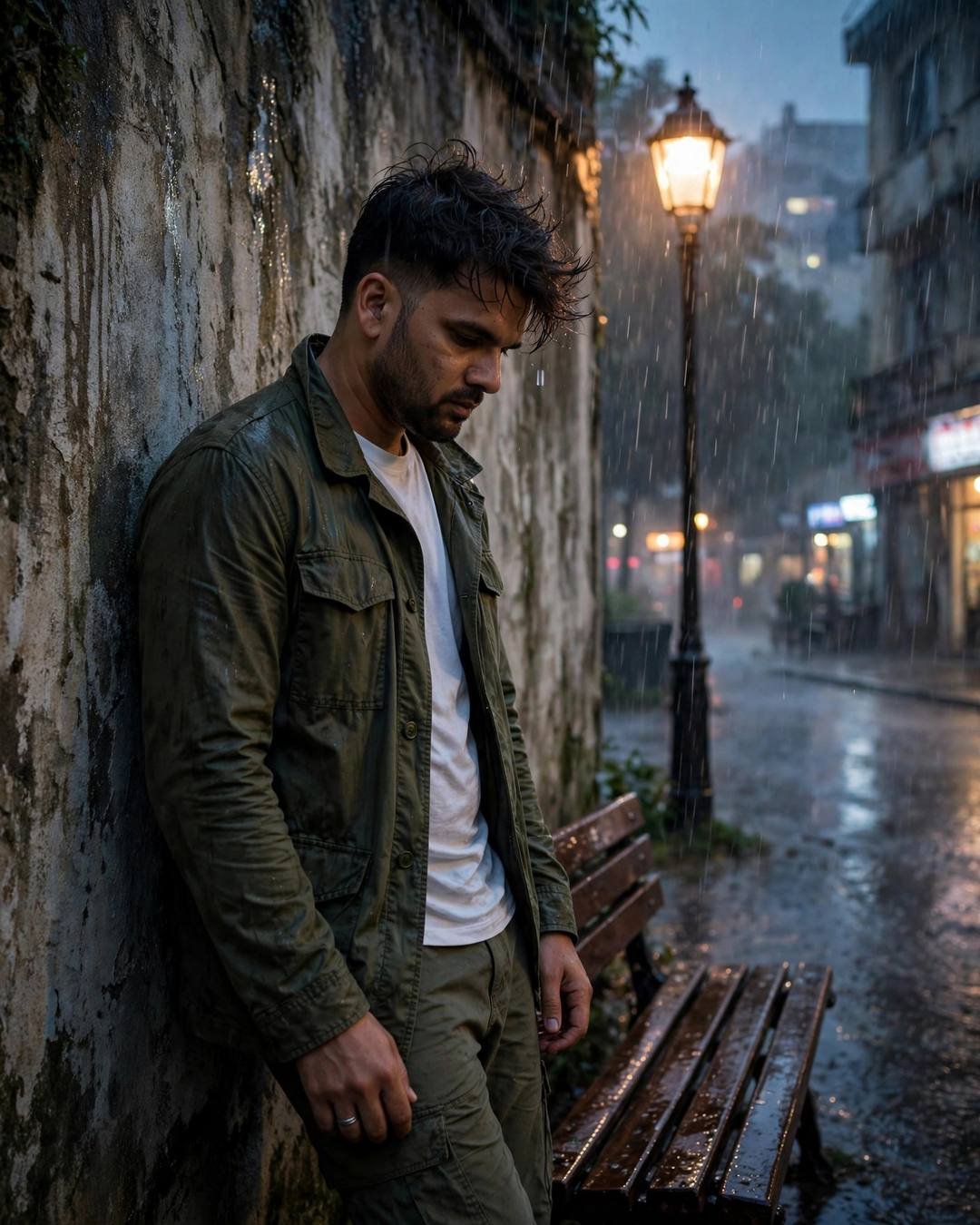 Young man in an olive field jacket and white tee leaning against a weathered wall in monsoon rain beside a park bench