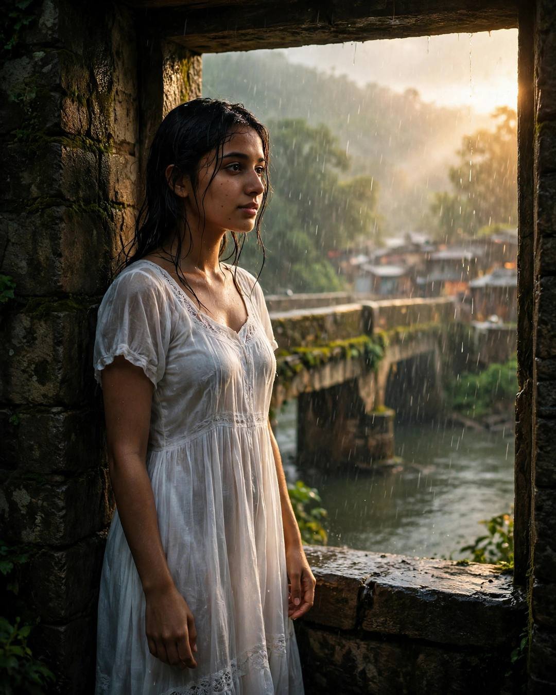 A young Indian woman in flowing white summer dress, wet hair clinging softly, standing in a doorway, half in shadow at bridge over a slow river