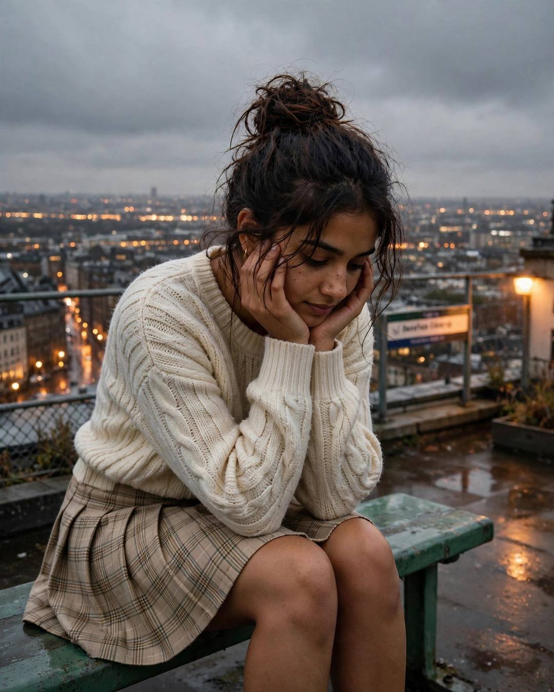 A young Indian woman in cream knit top and plaid skirt, messy bun with stray strands, sitting on station bench, elbows on knees, head in hands at rooftop overlooking sleeping city lights