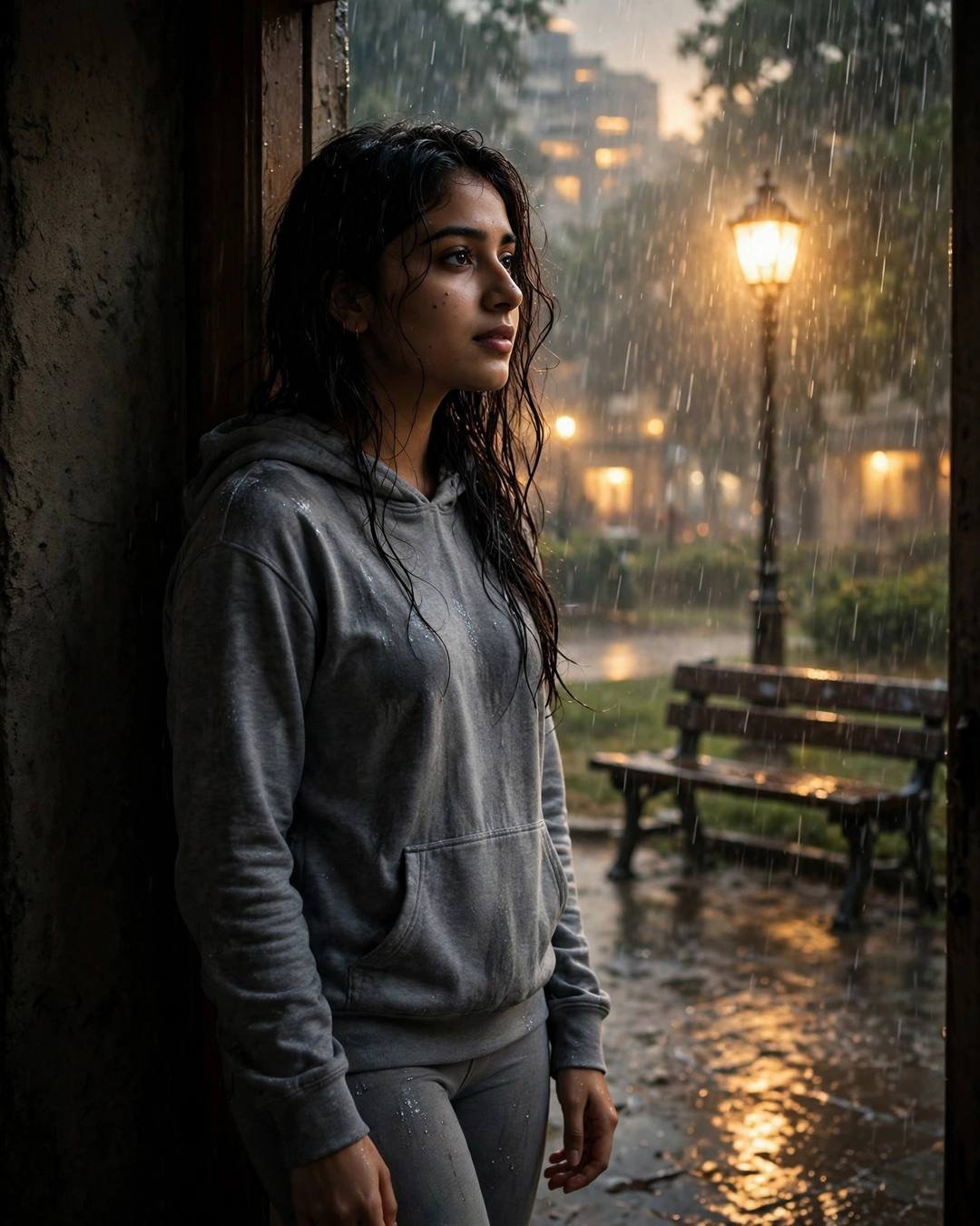 A young Indian woman in grey hoodie and leggings, wet hair clinging softly, standing in a doorway, half in shadow at park bench under a lone lamp