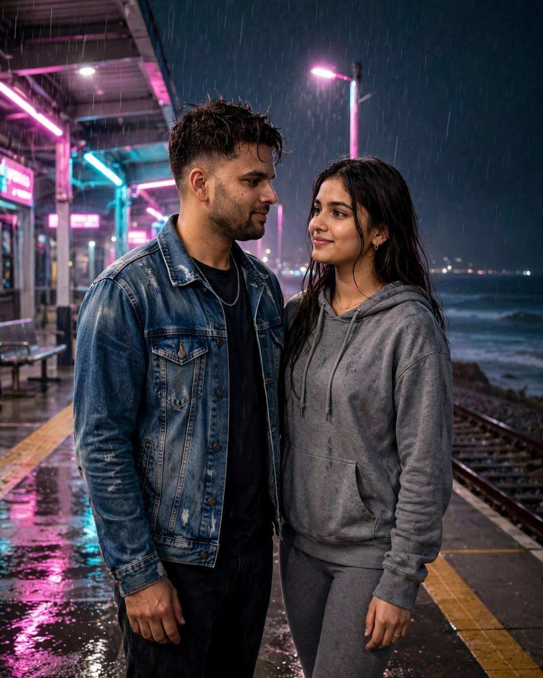 Young Indian couple standing close on a rainy neon-lit railway platform by the sea at midnight, man in denim jacket, woman in grey hoodie