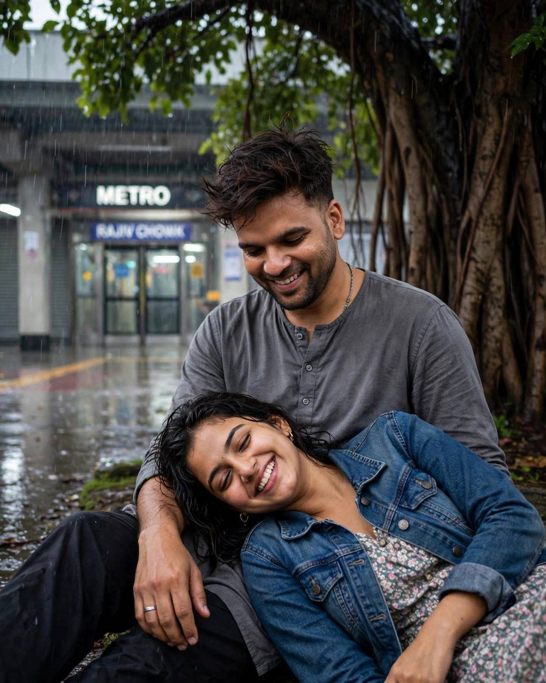 Couple laughing softly under a tree outside a metro station in rain, her head resting in his lap