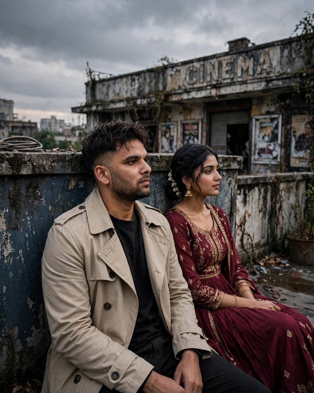 Young Indian couple sitting backs against a wall beneath a ruined cinema sign, man in beige trench coat, woman in maroon anarkali with jhumkas