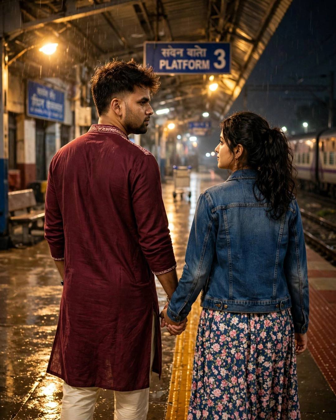 Her lehenga trailing gracefully across a palace, a cinematic mood photograph