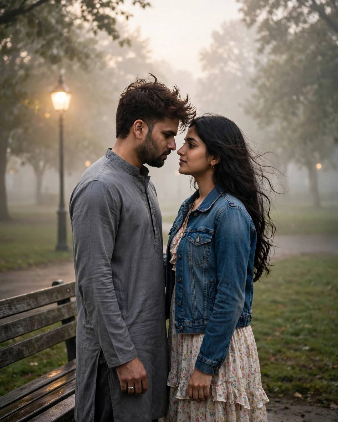 Couple standing face to face with foreheads almost touching under a lone lamp in a foggy park
