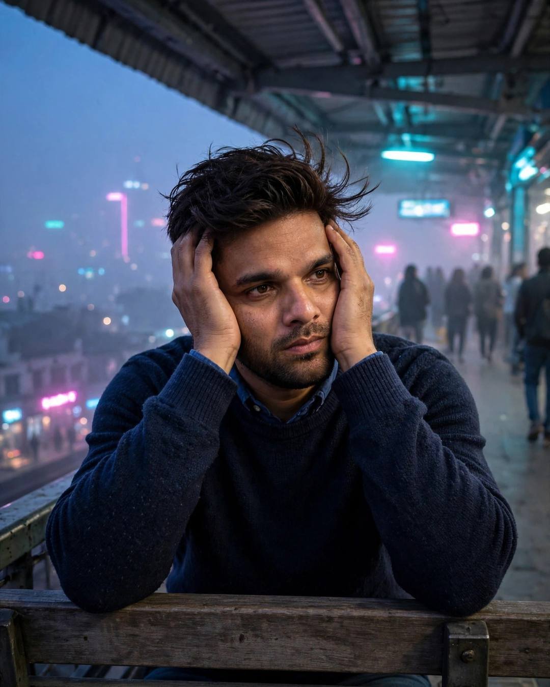 Young man in navy sweater sitting with head in hands on a rooftop above city lights, neon pink and cyan in the fog