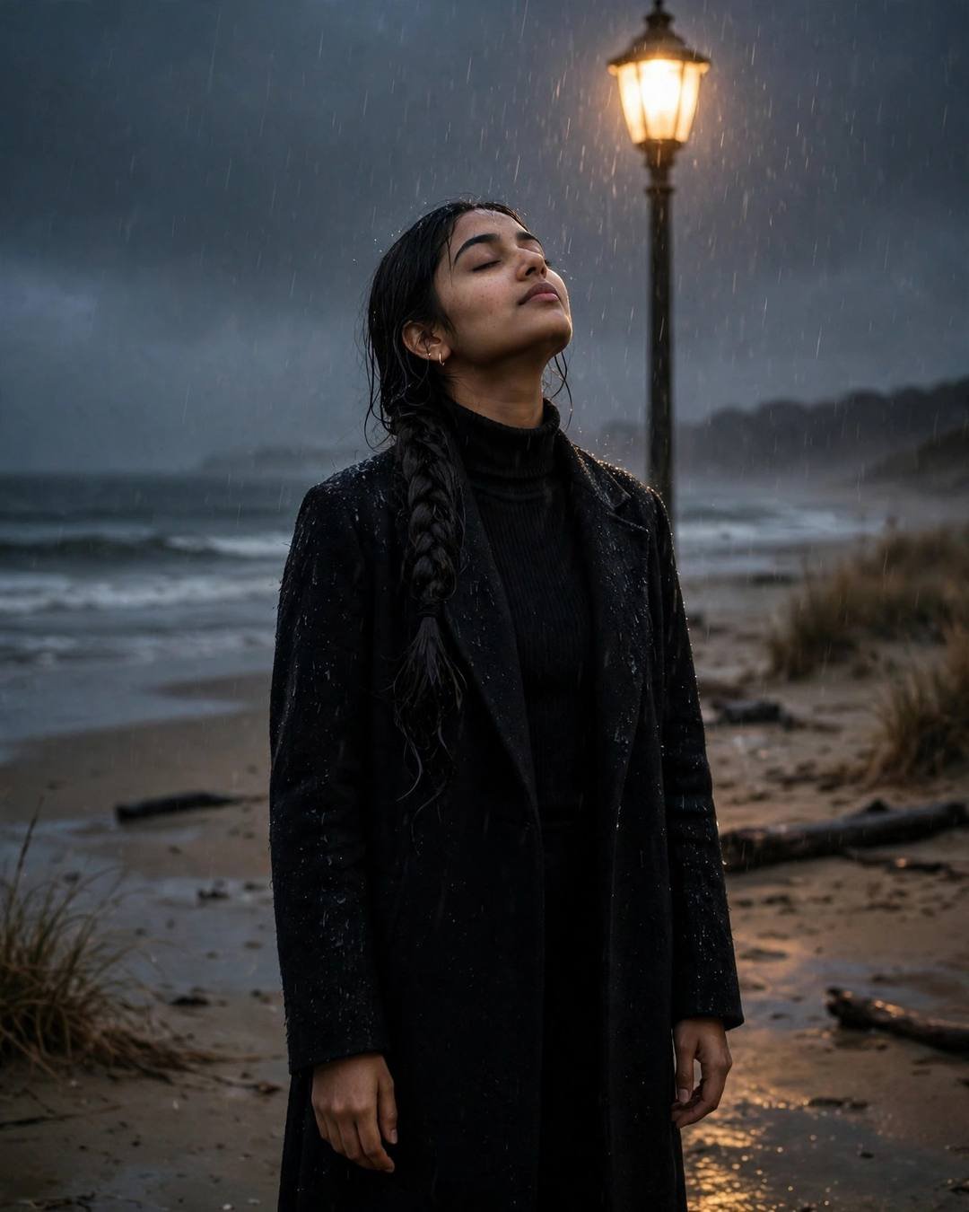 Young woman in black turtleneck and long coat standing under a streetlamp in the rain on a deserted beach, face lifted to the sky