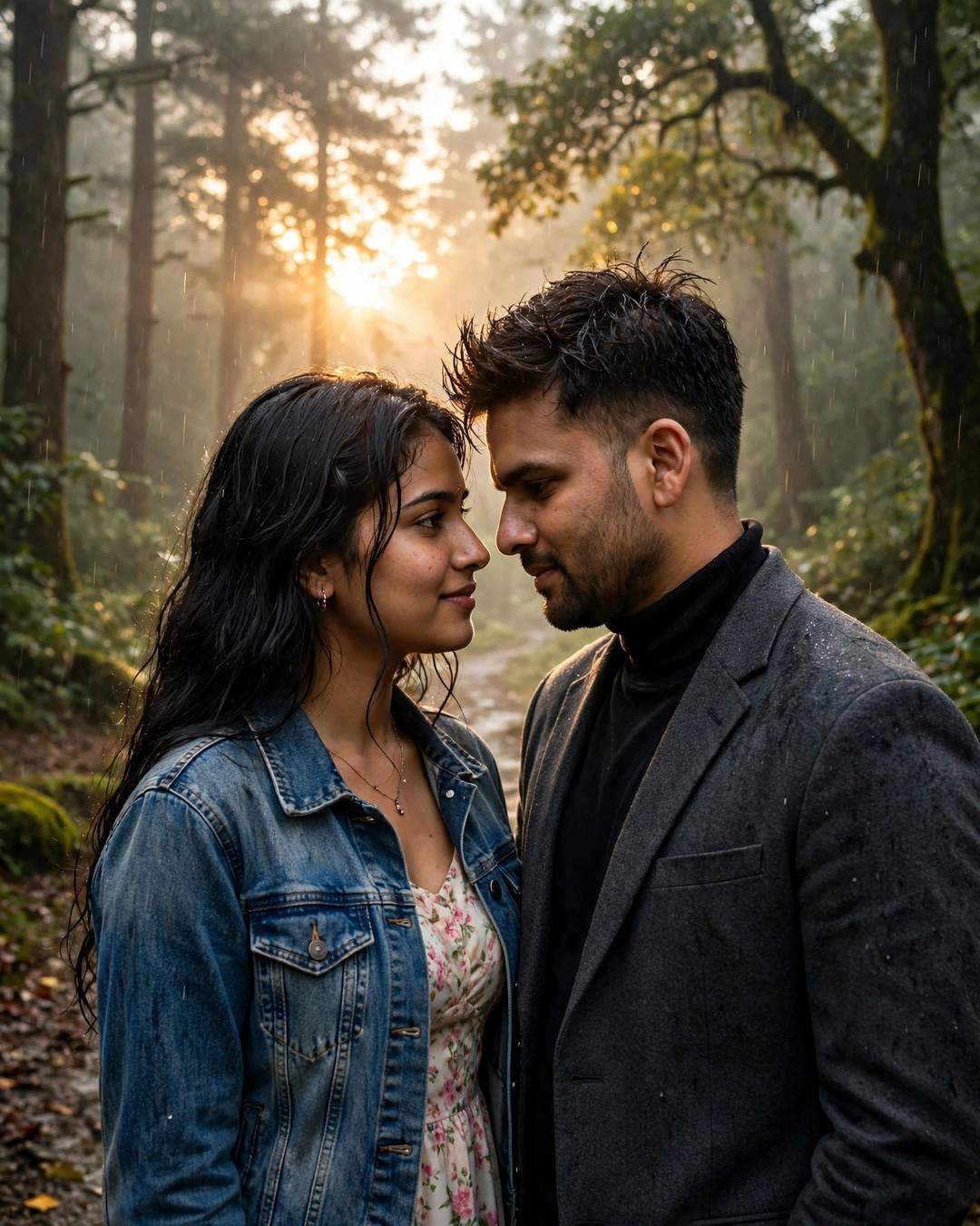 Couple standing face to face with foreheads almost touching on a misty forest path in golden light