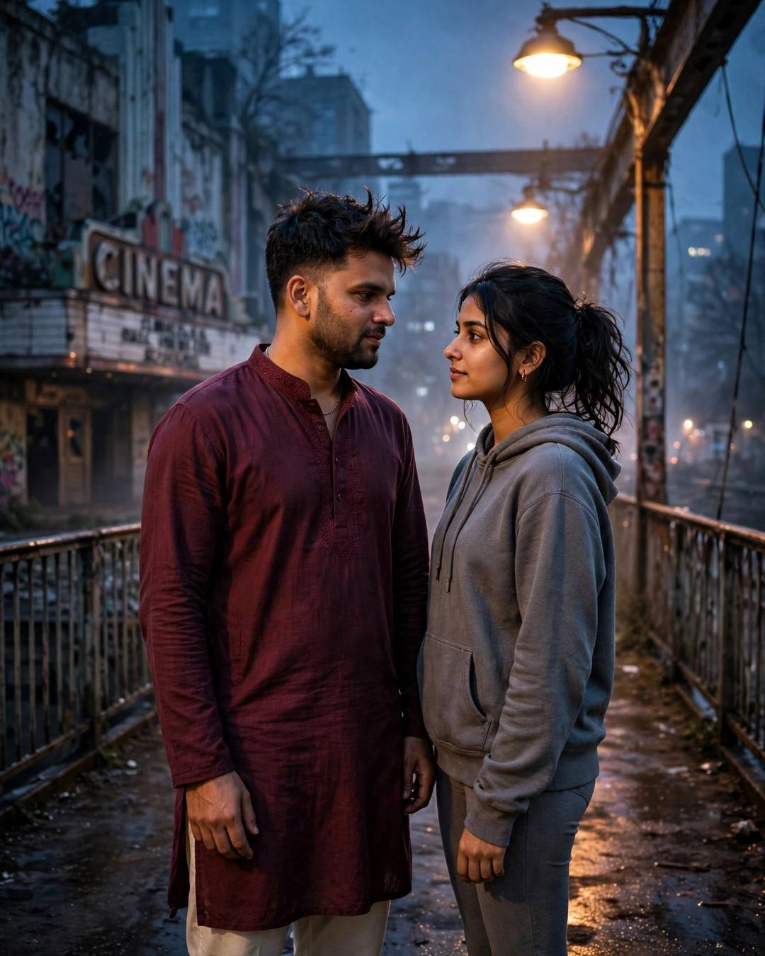 Both reaching for the same laminated menu — cinematic AI photograph, Meeting After Years