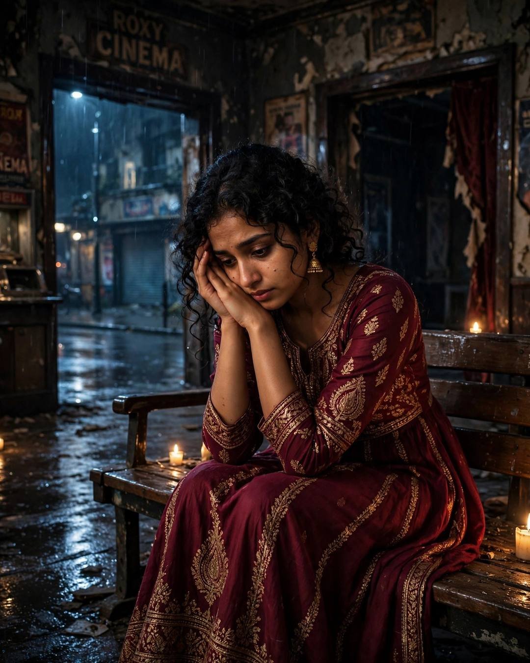 Young woman in maroon anarkali sitting on a bench with head in hands inside an abandoned cinema hall by candlelight