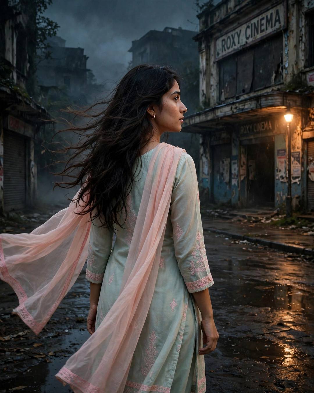 Young woman in pastel salwar-kameez with dupatta looking over her shoulder outside an abandoned cinema at night