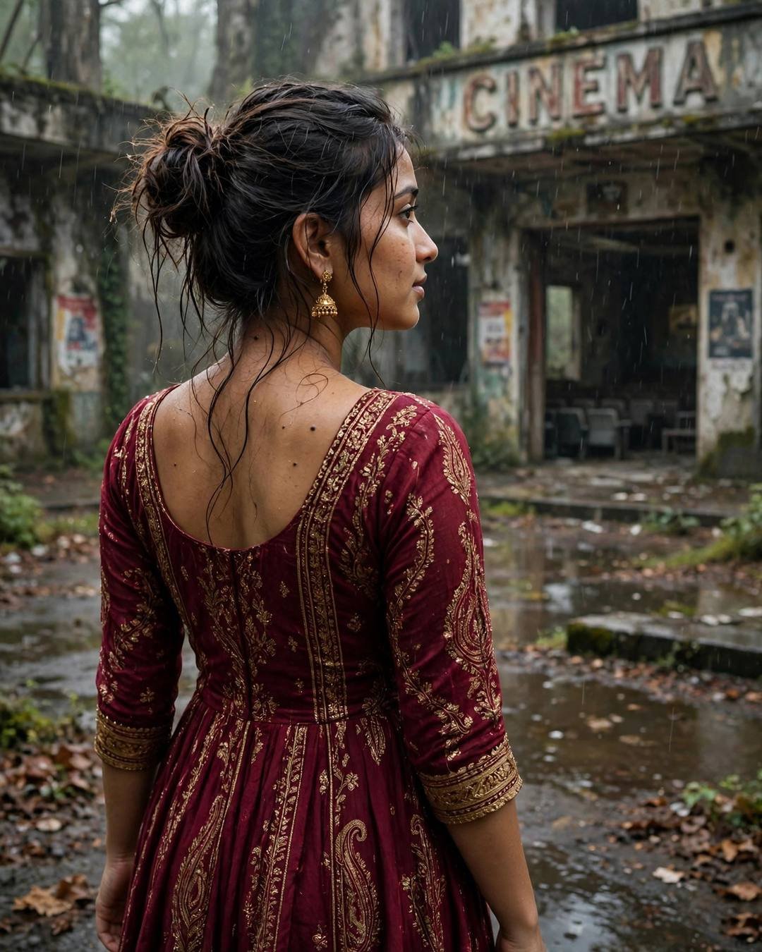 Young woman in maroon anarkali with messy bun looking over her shoulder outside an abandoned cinema in drizzle