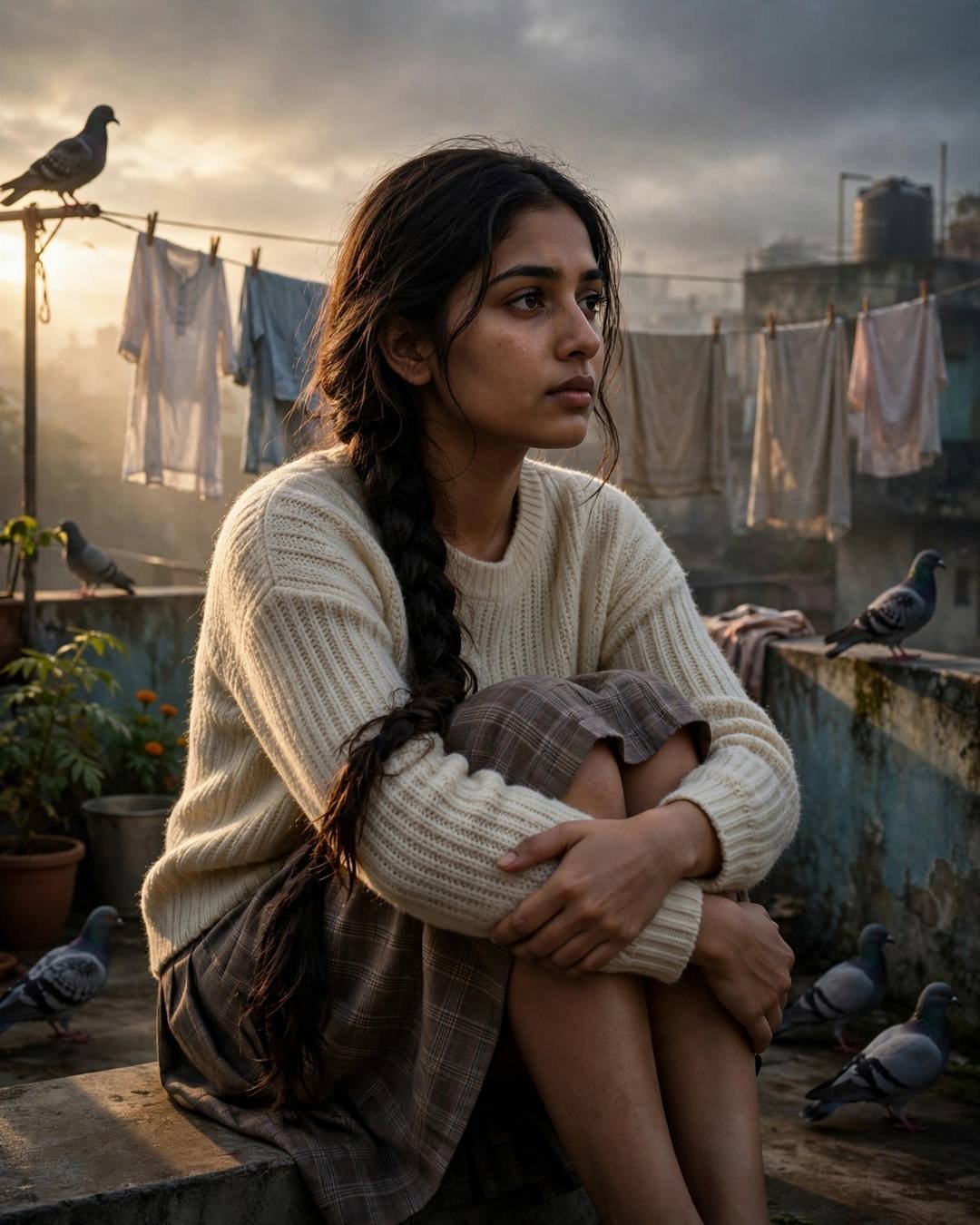 Young woman in cream knit top and plaid skirt sitting with knees drawn up on a terrace with drying clothes lines and pigeons