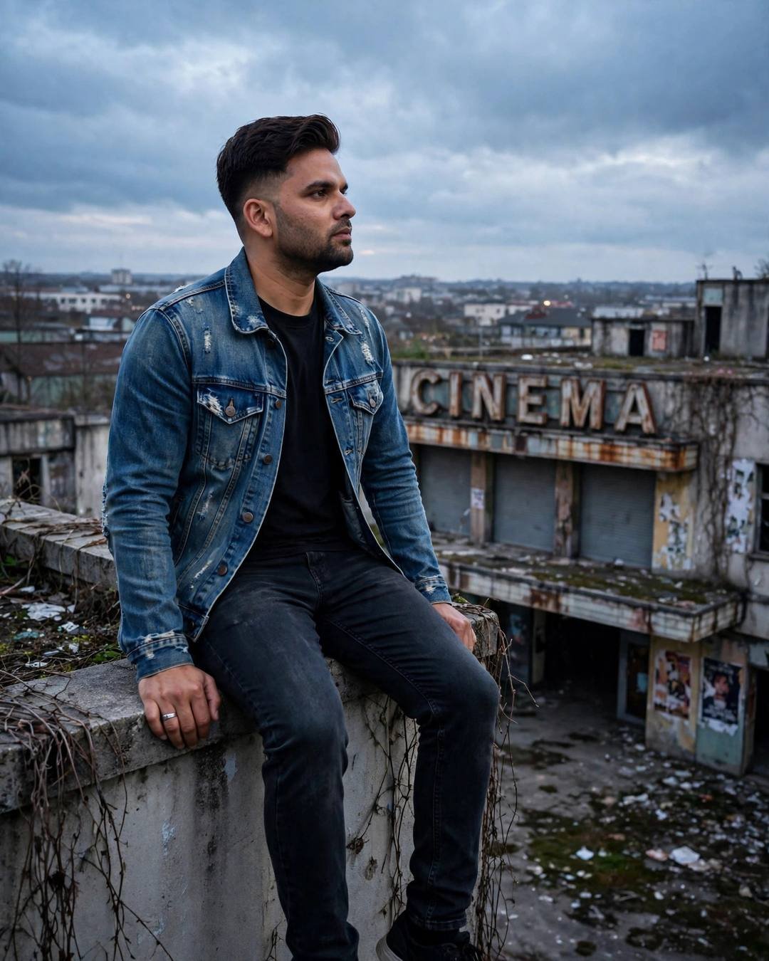 Young Indian man in a distressed denim jacket and black tee sitting on a rooftop ledge above an abandoned cinema hall at dusk