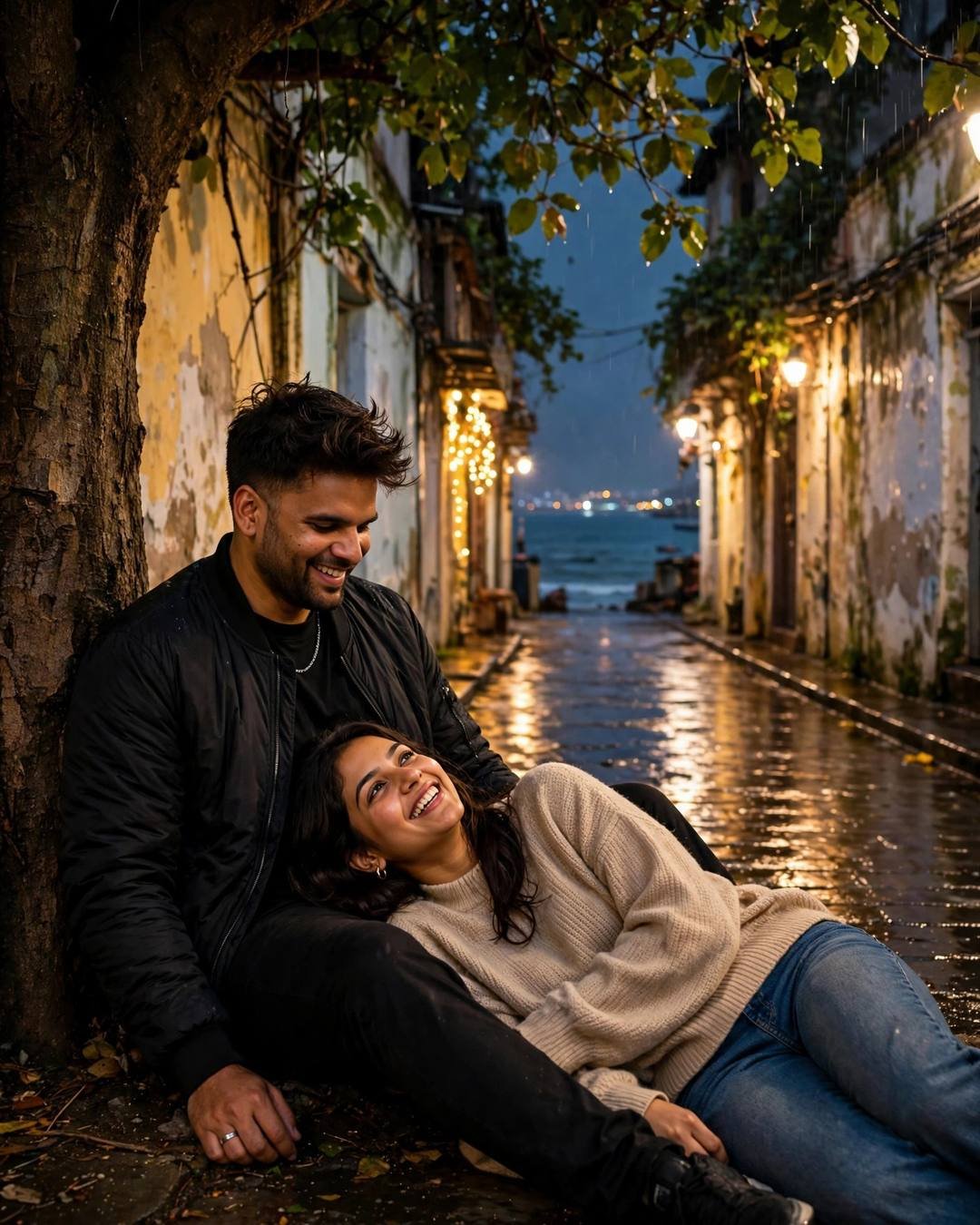 Sitting close on a wet rock as — cinematic AI photograph, all-black streetwear with sneakers, slightly messy morning hair