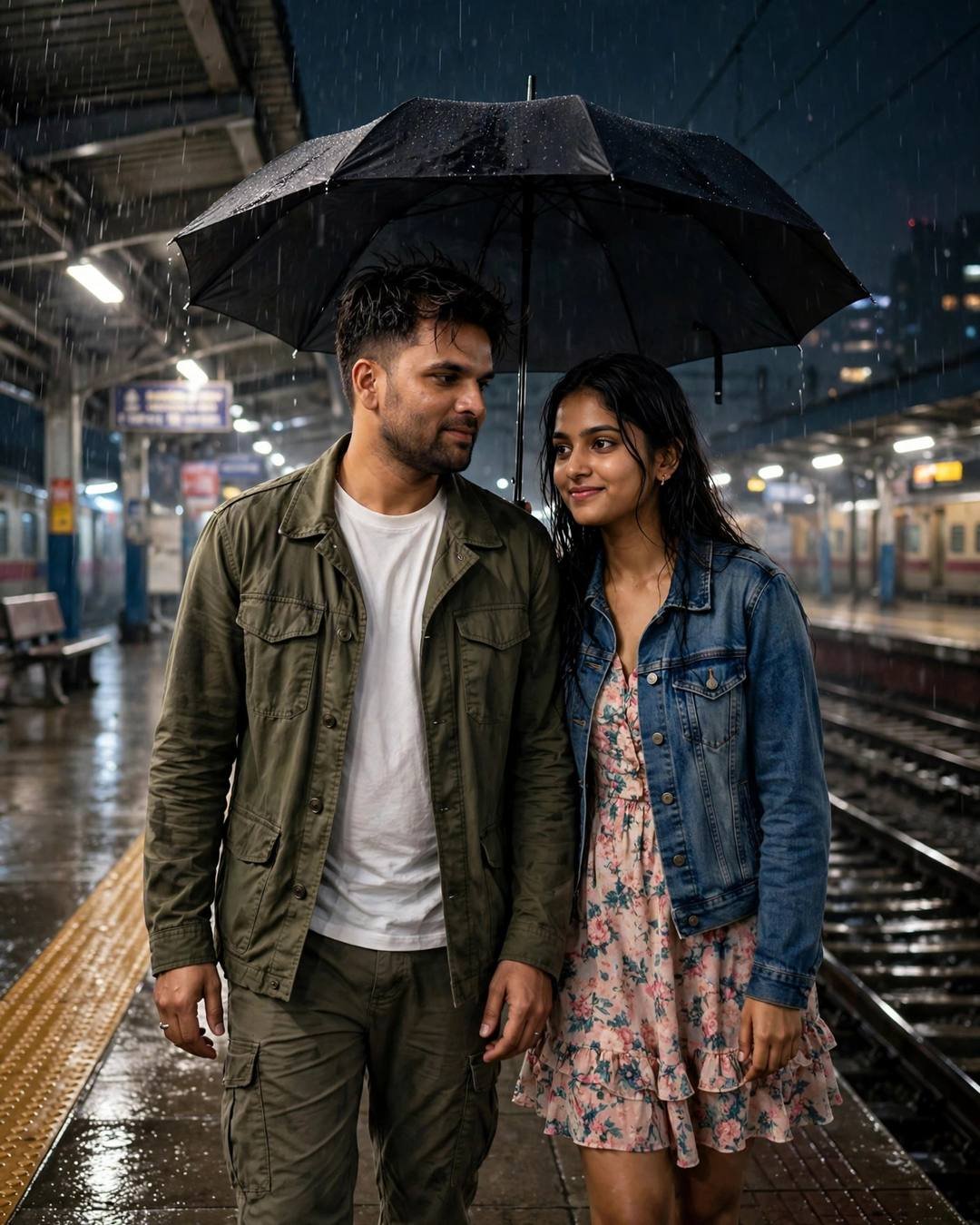 Young Indian couple walking side by side under one black umbrella on a rainy railway platform at night, smiling at each other