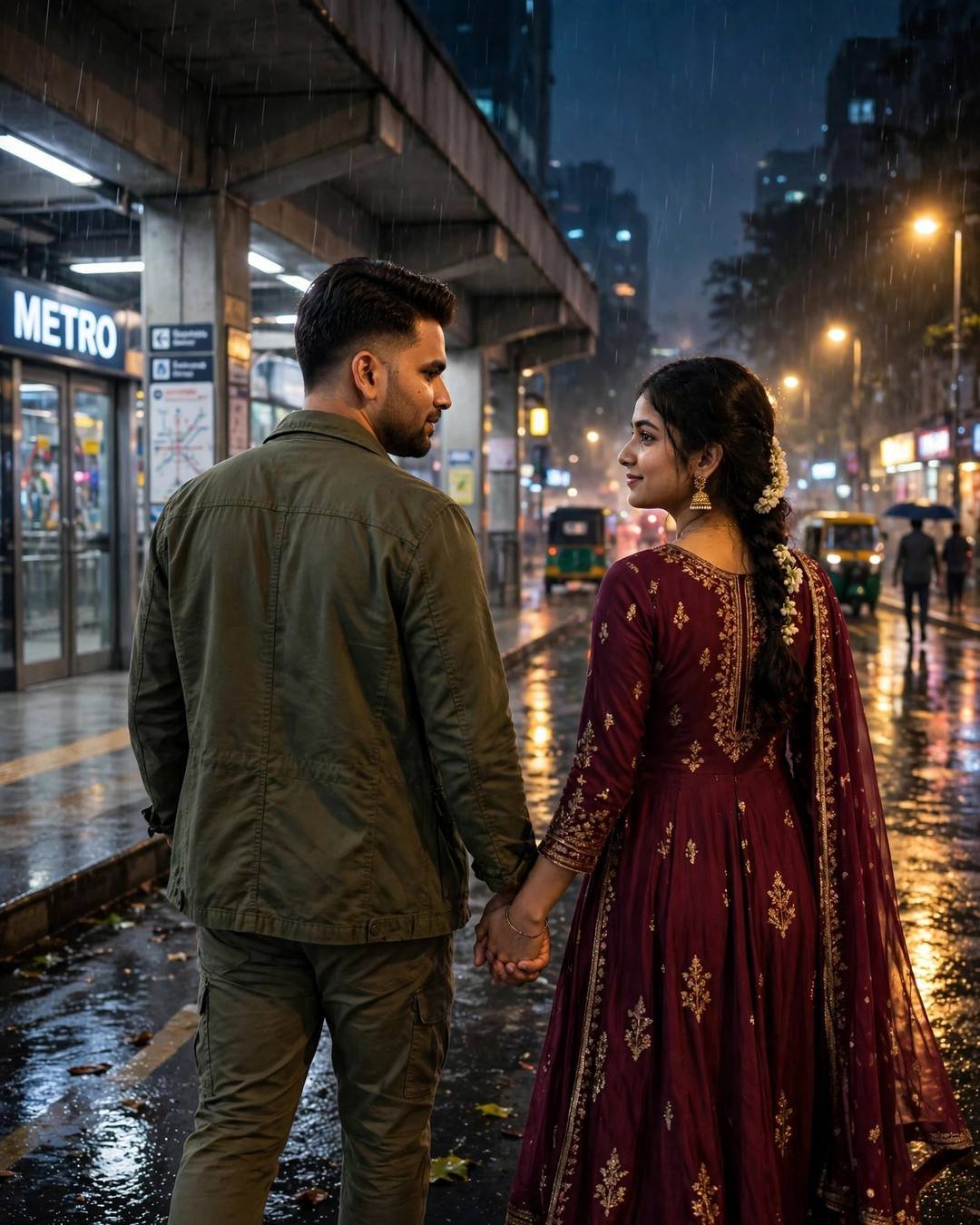 Young Indian couple walking hand in hand away from camera past a midnight metro station, man in olive jacket, woman in maroon anarkali