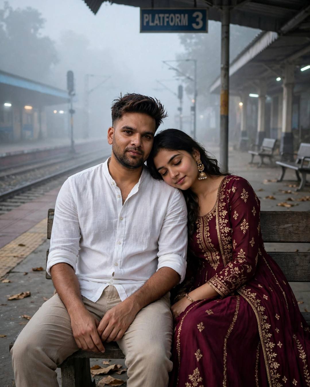 Couple sitting close on a foggy platform bench, her head on his shoulder, white linen and maroon anarkali