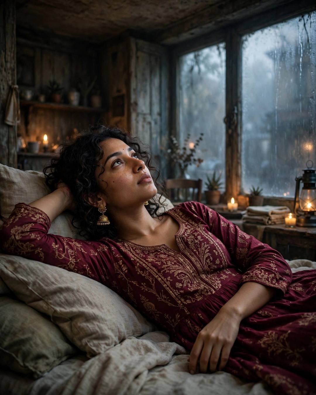 A young Indian woman in a maroon anarkali with jhumkas lying on a bed, one arm behind her head, candles and fogged window behind