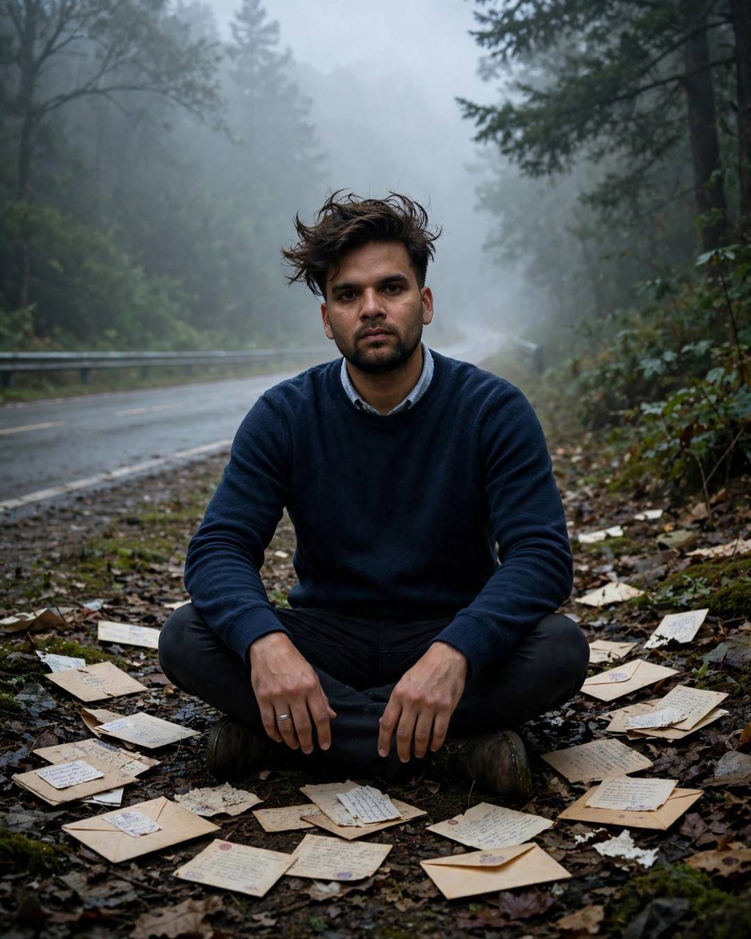 Stopping his old bike where brave wildflowers — cinematic AI photograph, navy sweater over collared shirt, windswept textured hair