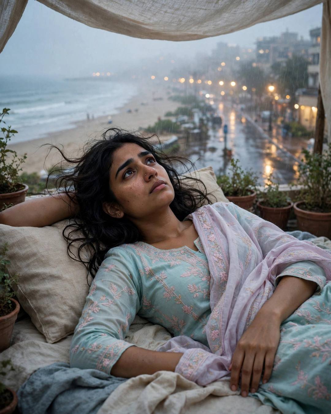 Young woman in pastel salwar-kameez reclining above a deserted beach at dawn with loose hair