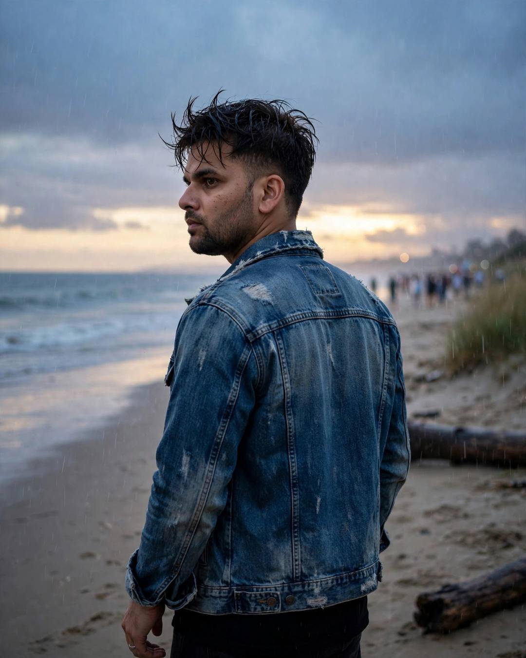 Young man in a denim jacket seen from behind on a rainy beach at dusk, looking over his shoulder