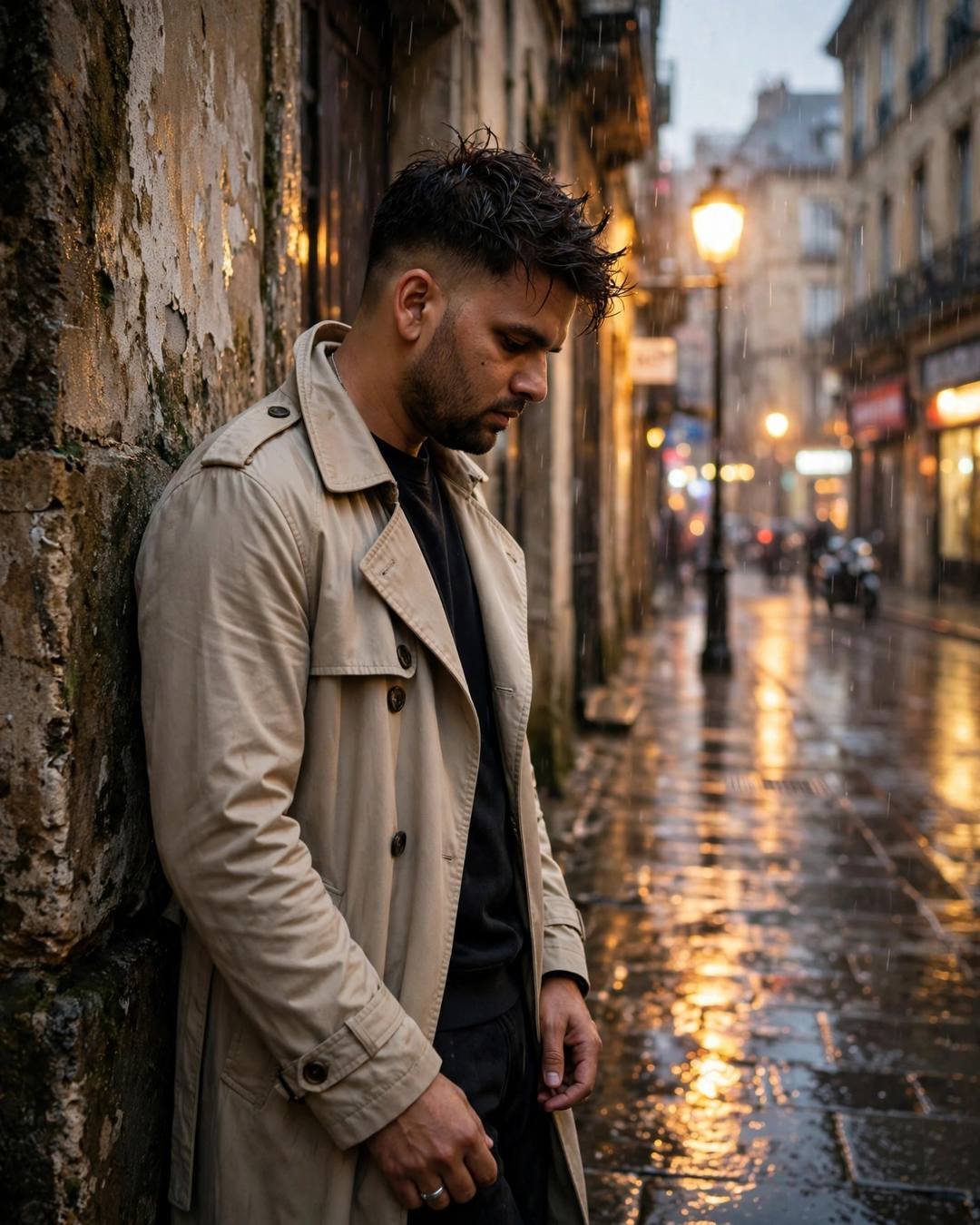 A young man in a beige trench coat leaning against a weathered wall on a rain-soaked street at golden hour, head tilted down