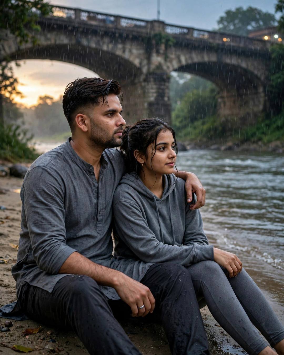 A couple sitting together on a sandy riverbank under a stone bridge in monsoon rain, the man in a grey kurta
