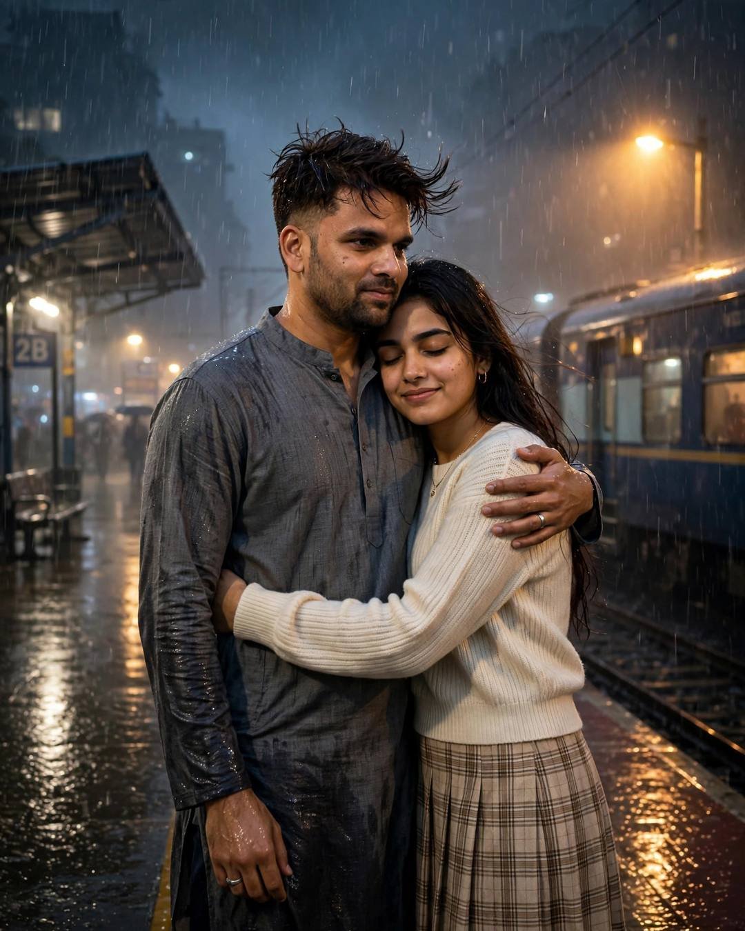 A couple embracing on a rainy railway platform at midnight, the man in a grey kurta and the woman in a cream knit top