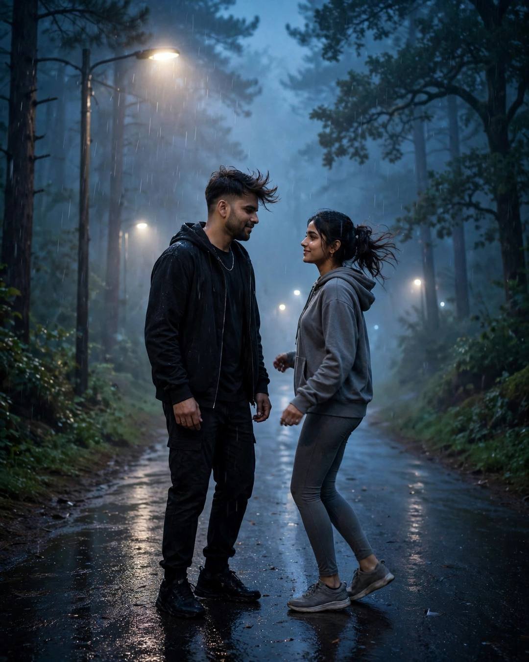 A couple dancing on a wet misty forest path at night, the man in black streetwear and the woman in a grey hoodie