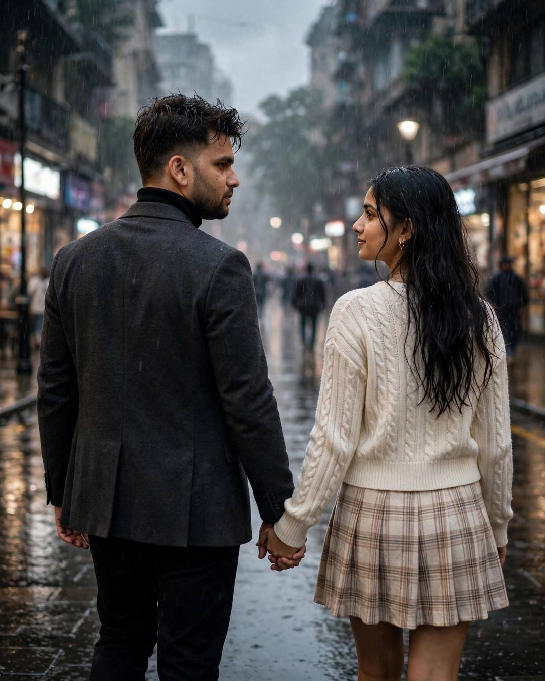 A couple walking hand in hand away from the camera down a rainy city street at night, the man in a charcoal blazer