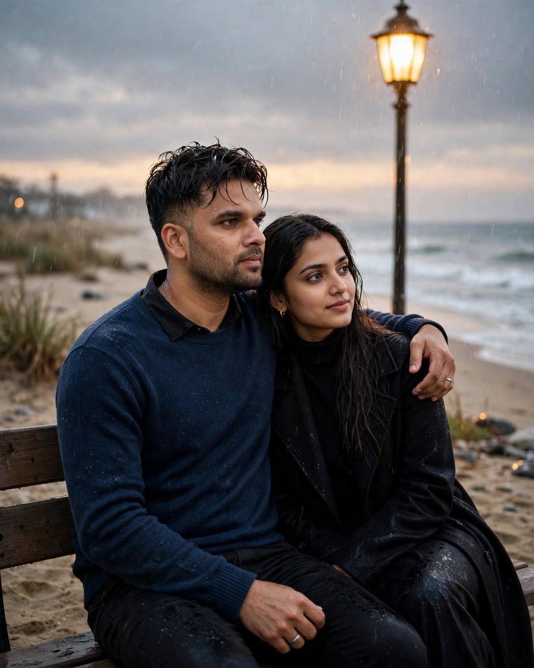 A couple sitting on a beach bench under a lamp in light rain, his arm around her, the man in a navy sweater