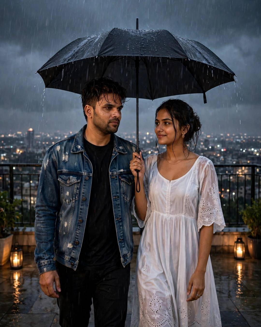 A couple standing close under one black umbrella on a rainy rooftop at night, city lights behind them
